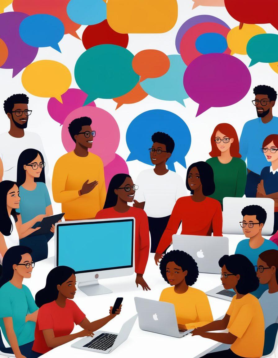 A lively digital scene depicting diverse people engaging in animated discussions on various platforms, symbolizing connection and charm. Include vibrant colors, speech bubbles illustrating thoughts and ideas, and elements like laptops and smartphones. Capture the warmth of interactions through friendly expressions and a dynamic atmosphere. super-realistic. vibrant colors. white background.