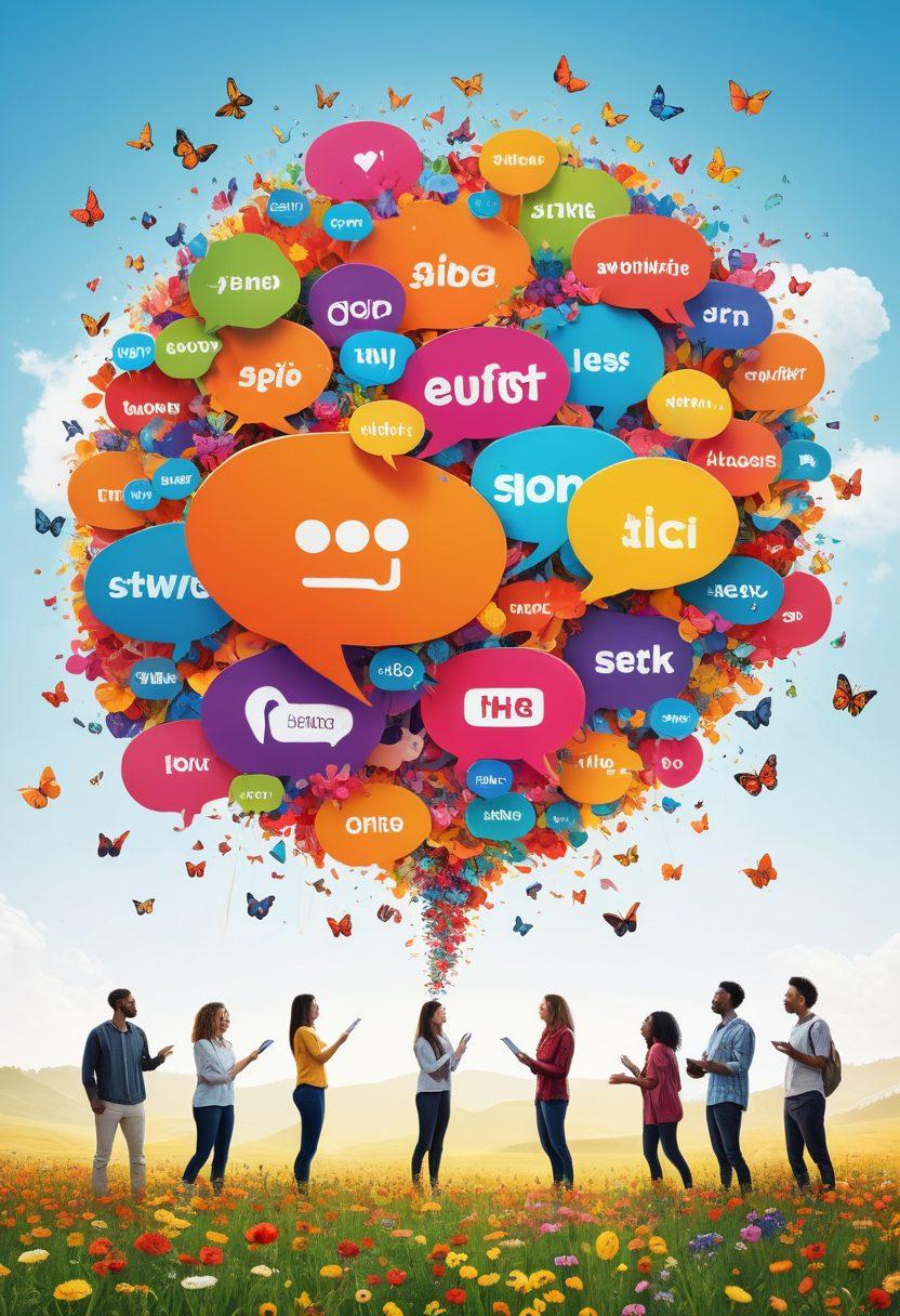 A whimsical scene showing a diverse group of people engaging in animated conversations around a large, colorful speech bubble that bursts with vibrant words and symbols. A backdrop of various social media icons floats playfully in the sky, while flowers and butterflies symbolize the beauty of dialogue. The setting is bright and inviting, embodying a joyous atmosphere of connection and creativity. super-realistic. vibrant colors. white background.