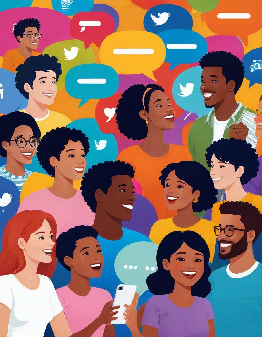 A dynamic scene of diverse people engaged in lively conversations over social media platforms, with colorful speech bubbles showcasing various dialogue snippets. The background features a digital landscape filled with social media icons and vibrant connection lines symbolizing interaction. Emphasize expressions of joy and curiosity on their faces to represent engaging dialogue. super-realistic. vibrant colors. social media theme.